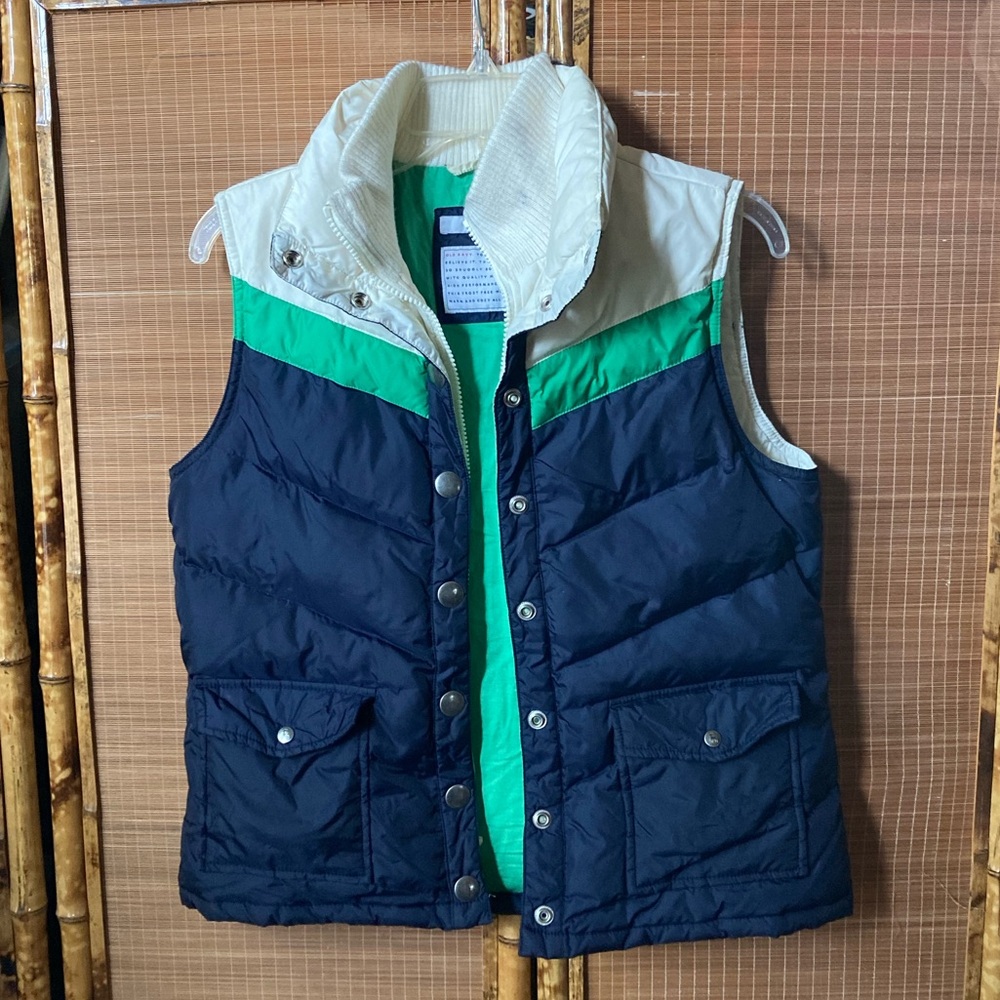 Old Navy Navy and Green Colorblock Puffer Vest with Cream Collar